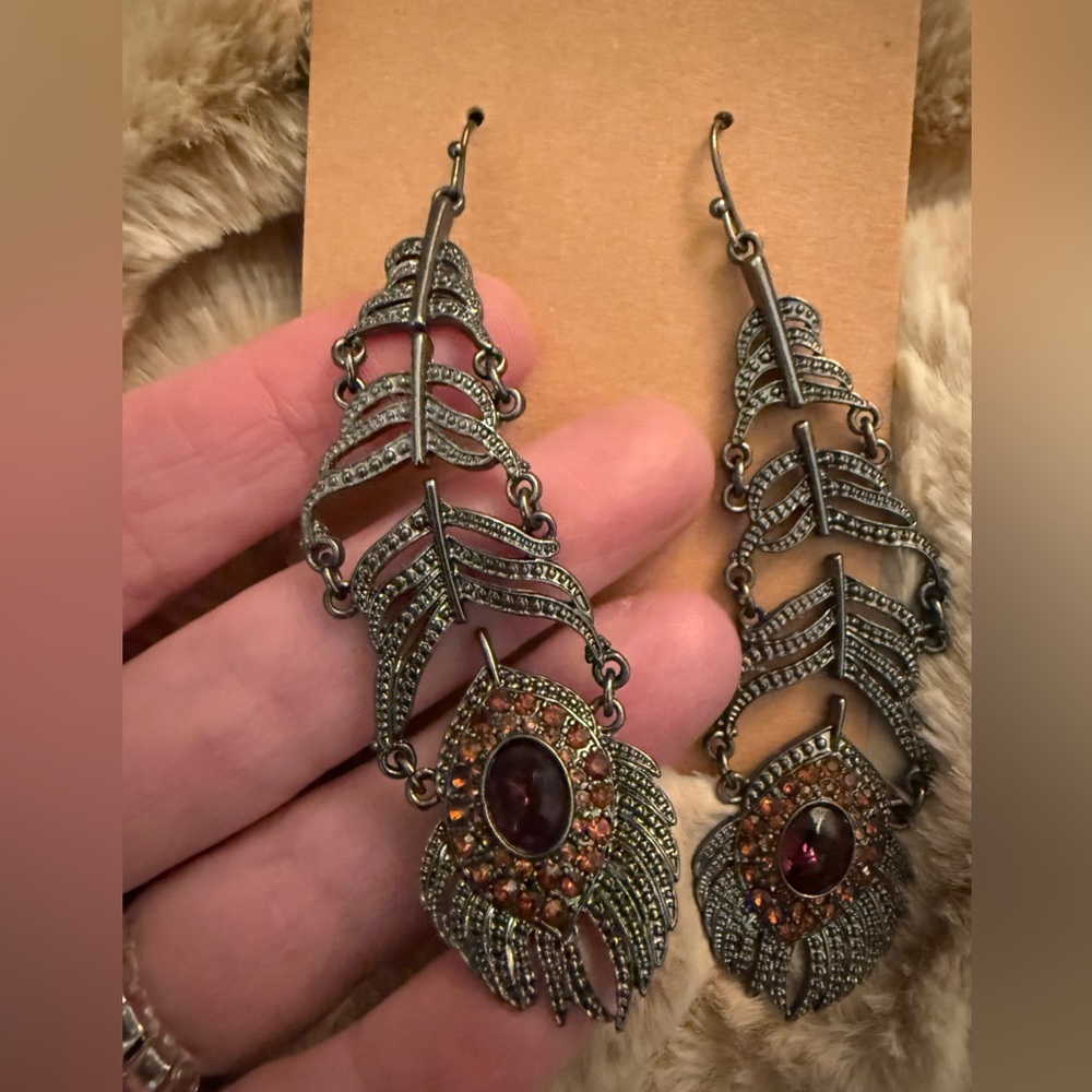 Express Jeweled Feather Drop Earrings - Picture 2 of 3